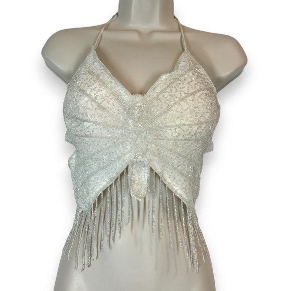 Vintage Beaded Butterfly Top Crop Open Back Festival White Boho Summer - Picture 11 of 11